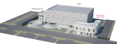 Una ricostruzione 3d degli edifici del CMR insieme all'ampliamento 2014 e al progetto del nuovo ampliamento