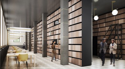 Rendering di progetto della biblioteca-sala lettura dell'Istituto storico
