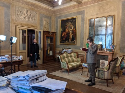 Palazzo Comunale, in foto Michele Dell'Utri e Simone Francia in "Un giorno di 150 anni fa"